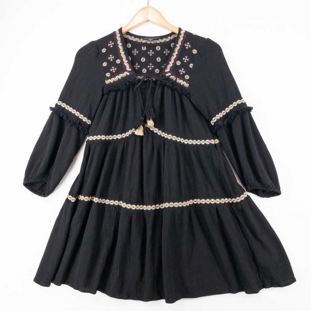 American Eagle Outfitters Dress Womens Small Black Boho Gauzy Fringe Embroidered